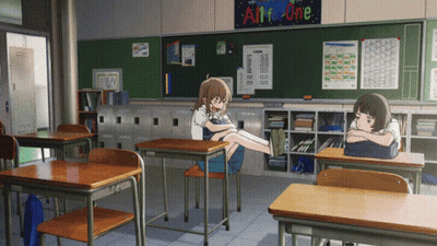 A Girl Sits At A Desk In A Classroom With A Sign That Says All For One GIF
