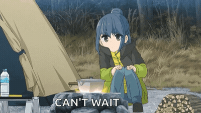 A Girl Sits In Front Of A Campfire With The Words " Can 'T Wait " On The Bottom GIF