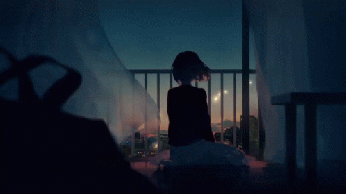 A Girl Sits On A Balcony Looking Out At The Night Sky GIF