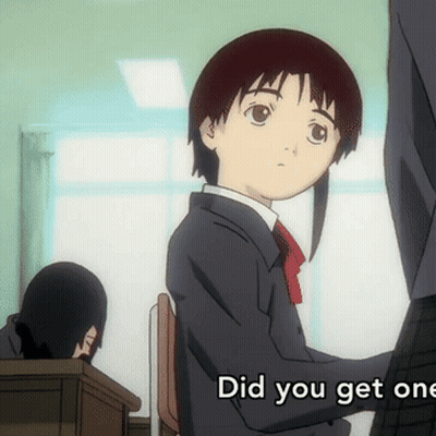 A Girl Sitting At A Desk With The Words " Did You Get One " On The Bottom GIF