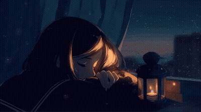 A Girl Sitting In Front Of A Lantern With A Candle Inside GIF