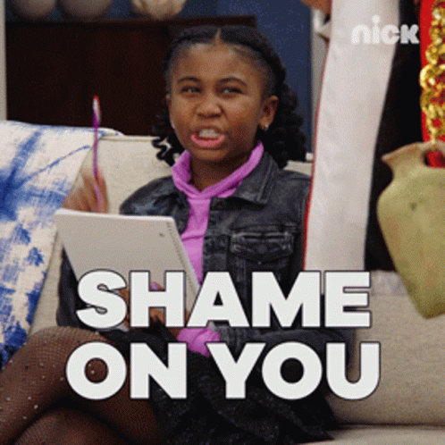 A Girl Sitting On A Couch With The Words Shame On You GIF