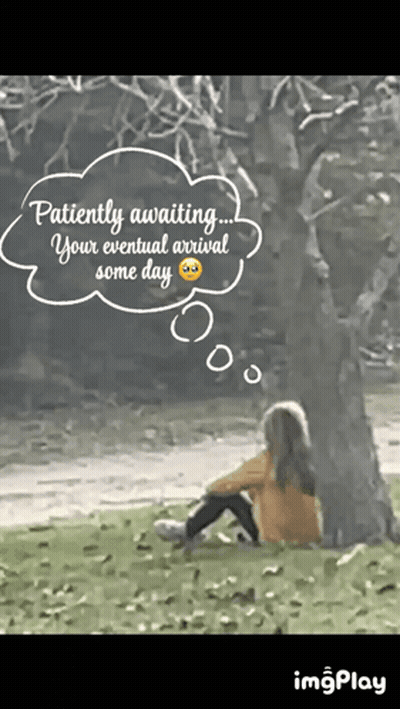 A Girl Sitting Under A Tree With A Thought Bubble That Says Patiently Awaiting GIF