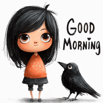 A Girl Standing Next To A Black Bird With The Words Good Morning Written On The Bottom GIF