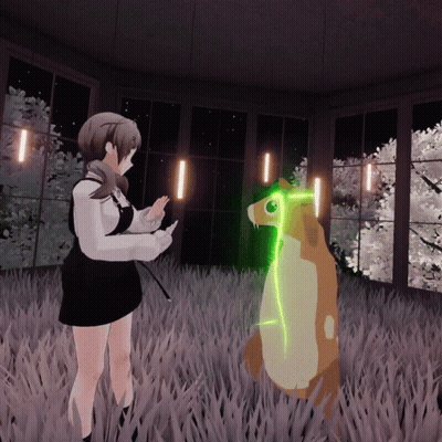 A Girl Standing Next To A Dog With A Green Light Coming Out Of Its Mouth GIF