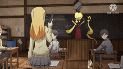 A Girl Stands In Front Of A Blackboard That Says " Kinemaster " GIF