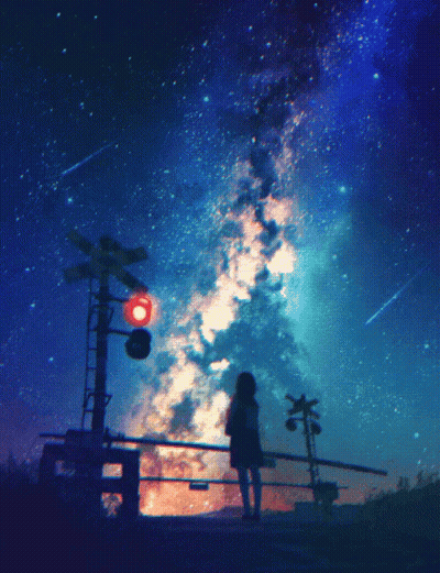 A Girl Stands In Front Of A Railroad Crossing With A Starry Sky In The Background GIF