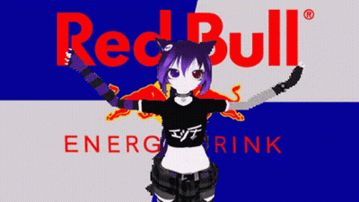 A Girl Stands In Front Of A Red Bull Energy Drink Advertisement GIF