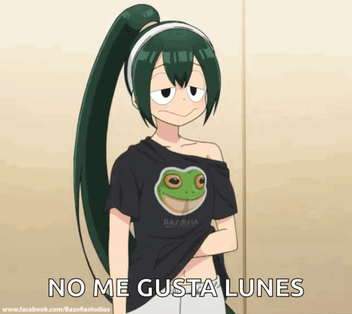 A Girl Wearing A Black Shirt With A Frog On It And The Words No Me Gusta Lunes GIF