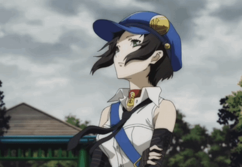 A Girl Wearing A Blue Hat And A White Shirt Has The Letter D On Her Neck GIF