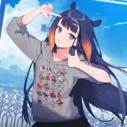 A Girl Wearing A Hoodie With Animals On It Is Pointing At Her Head GIF