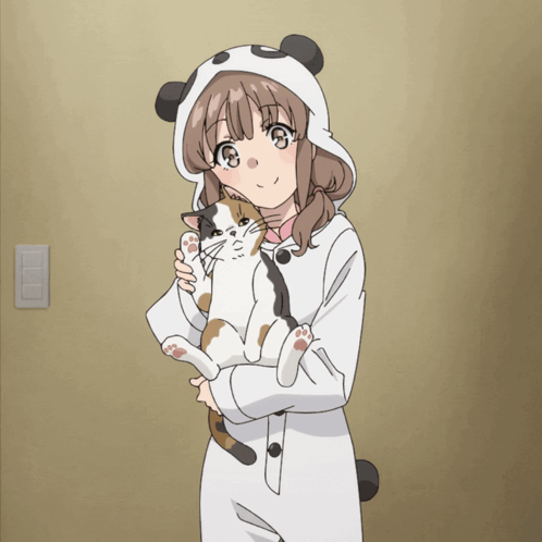 A Girl Wearing A Panda Hat Holds A Cat GIF