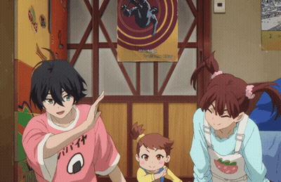A Girl Wearing A Pink Shirt That Says Onigiri Is Standing Next To A Boy And A Little Girl GIF