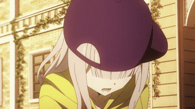 A Girl Wearing A Purple Hat And A Yellow Shirt GIF