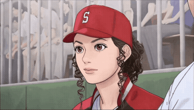 A Girl Wearing A Red Hat With The Letter S On It GIF