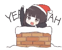 A Girl Wearing A Santa Hat Is Peeking Out Of A Brick Chimney . Sticker