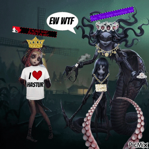 A Girl Wearing A Shirt That Says I Love Hastur Stands Next To A Monster GIF