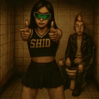 A Girl Wearing A Shirt That Says ' Shid ' Is Pointing At The Camera GIF