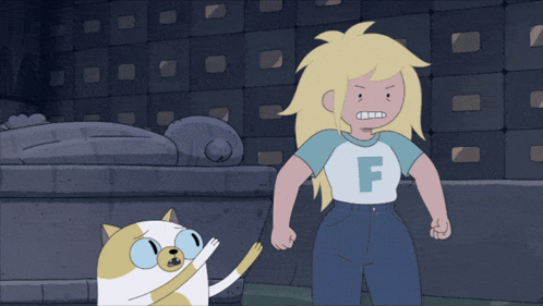 A Girl Wearing A Shirt With The Letter F On It Is Standing Next To A Cat GIF