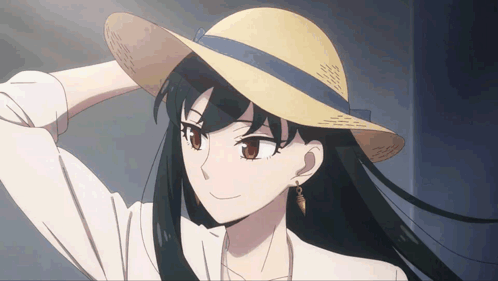 A Girl Wearing A Straw Hat And Earrings Is Smiling GIF