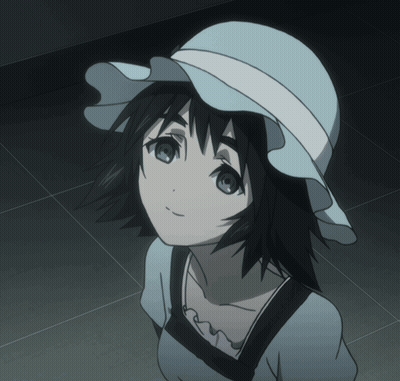 A Girl Wearing A White Hat And A Blue Shirt Looks Up GIF