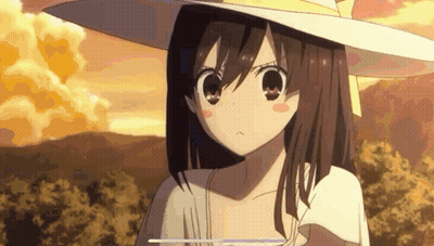 A Girl Wearing A White Hat And A White Shirt Is Standing In A Field . GIF