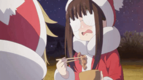 A Girl Wearing Glasses And A Santa Hat Is Eating Food With Chopsticks GIF