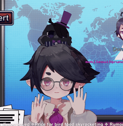 A Girl Wearing Glasses And A Top Hat Is Standing In Front Of A Map Of The World GIF