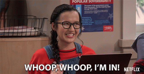 A Girl Wearing Glasses And Overalls Says Whoop Whoop I 'M In GIF