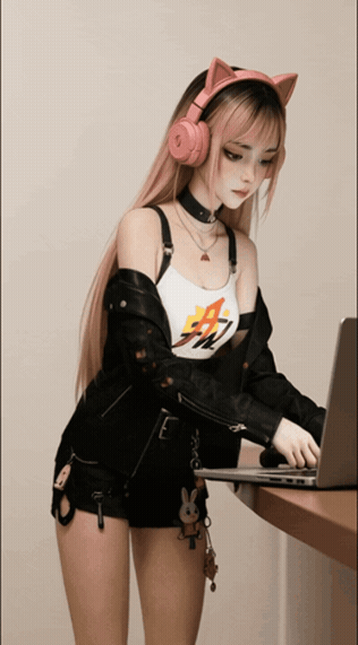 A Girl Wearing Headphones And A T-Shirt That Says ' A ' On It GIF