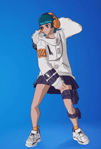 A Girl Wearing Headphones And A White Jacket Is Standing In Front Of A Blue Background GIF
