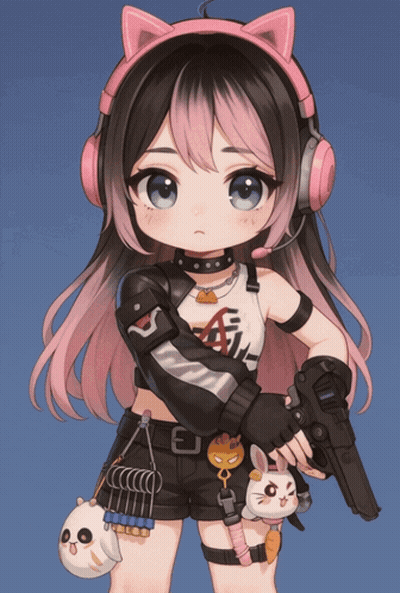 A Girl Wearing Headphones And Holding A Gun Has The Letter A On Her Shirt GIF