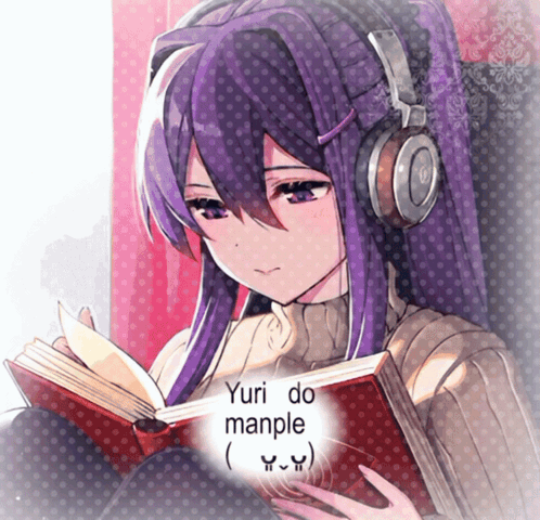 A Girl Wearing Headphones Is Reading A Book And The Words Yuri Do Manple Are Above Her Head GIF