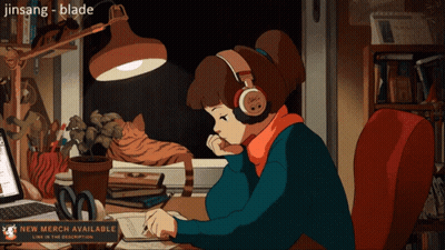A Girl Wearing Headphones Sits At A Desk With A New Merch Available GIF