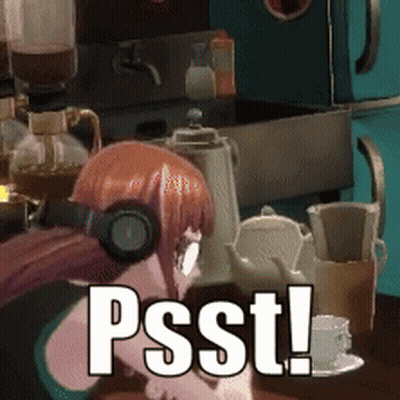 A Girl Wearing Headphones Sitting At A Table With The Words Psst Written On It GIF