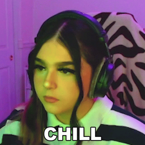 A Girl Wearing Headphones With The Word Chill Written On It GIF