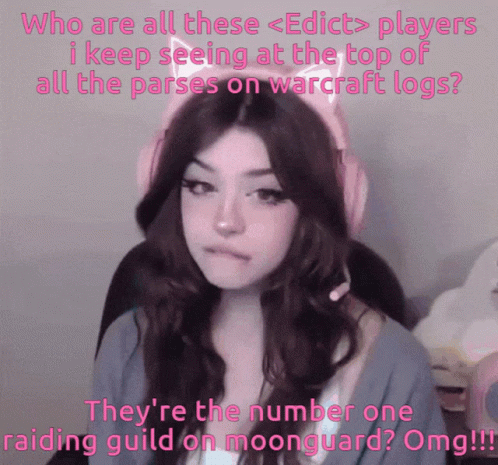 A Girl Wearing Pink Headphones With The Words Who Are All These < Eddict > Players I Keep Seeing GIF