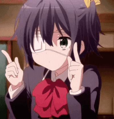 A Girl With A Bandage On Her Eye Is Pointing Up With Her Fingers . GIF