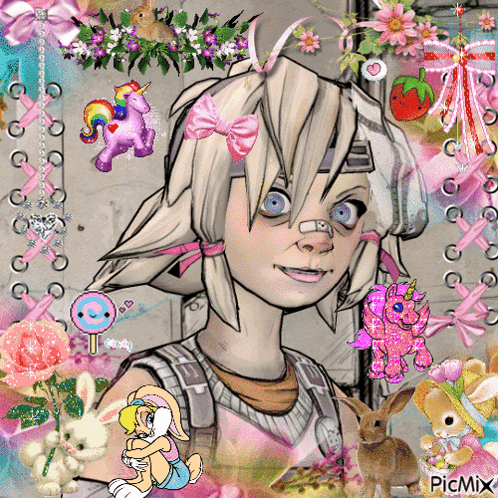 A Girl With A Bandage On Her Nose Is Surrounded By Stuffed Animals Flowers And A Unicorn GIF