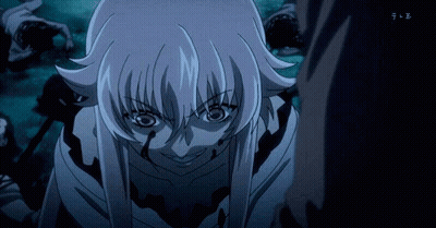 A Girl With A Bloody Face Is Standing Next To A Man In A Dark Room . GIF