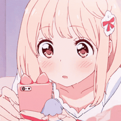 A Girl With A Bow In Her Hair Is Holding A Pink Cell Phone GIF