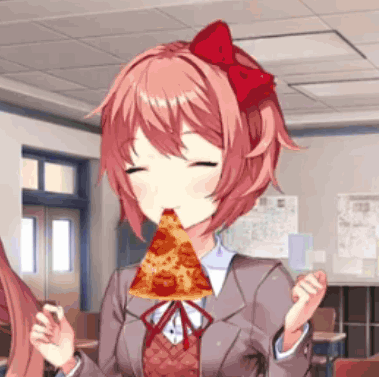 A Girl With A Bow On Her Head Is Eating A Slice Of Pizza . GIF