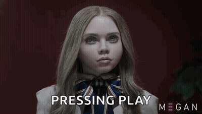 A Girl With A Bow Tie And The Words Pressing Play Megan On The Bottom GIF