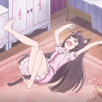A Girl With A Cat Ear Is Laying On The Floor With Her Arms Outstretched GIF