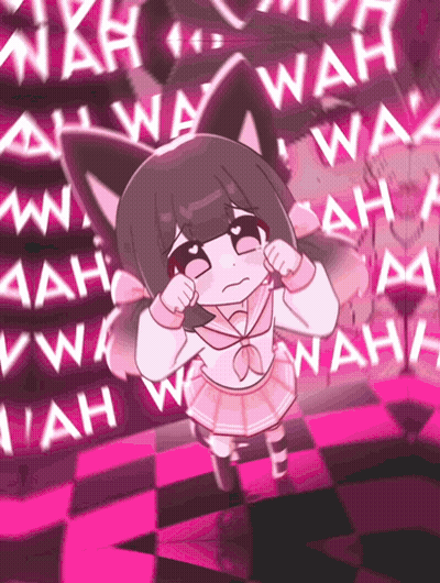 A Girl With A Cat Ear Is Standing In Front Of A Wall Of Wah GIF