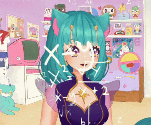A Girl With A Cat Ear Is Surrounded By Mathematical Equations On Her Face GIF