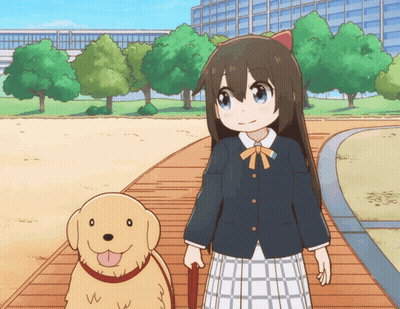 A Girl With A Cat Ear Is Walking A Dog On A Leash In A Park GIF