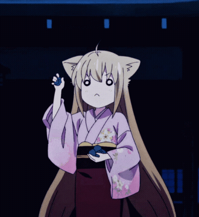 A Girl With A Cat Ear Is Wearing A Kimono And Holding A Blue Cube GIF