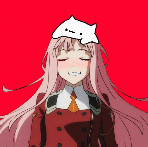 A Girl With A Cat On Her Head Is Smiling With Her Eyes Closed GIF