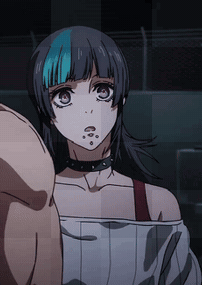 A Girl With A Choker Around Her Neck Is Standing Next To A Man 'S Arm GIF